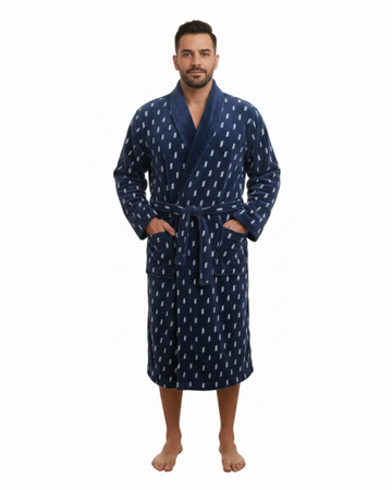 Navy Printed Fleece Bathrobe with Shawl Collar – Warm & Comfortable Lounge Robe