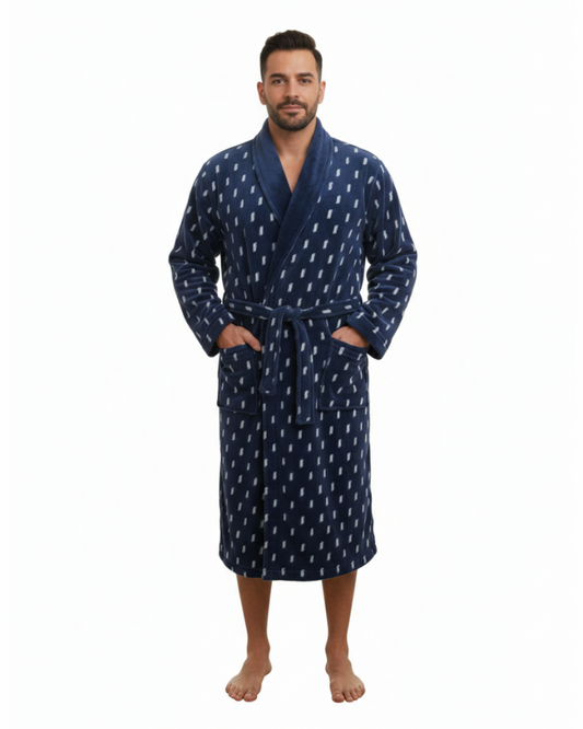 Navy Printed Fleece Bathrobe with Shawl Collar – Warm & Comfortable Lounge Robe