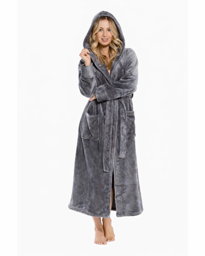 Grey Plush Fleece Bathrobe Long Shawl Collar