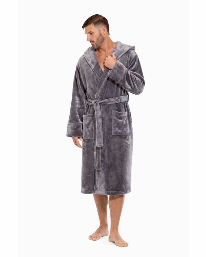 Grey Plush Fleece Bathrobe Long Shawl Collar