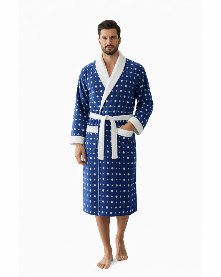 Blue Printed Fleece Bathrobe with Hoodie – Soft & Cozy Lounge Robe
