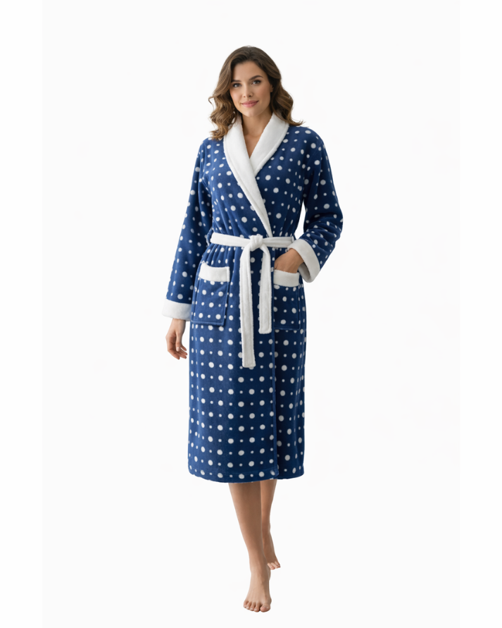 Blue Printed Fleece Bathrobe with Hoodie – Soft & Cozy Lounge Robe