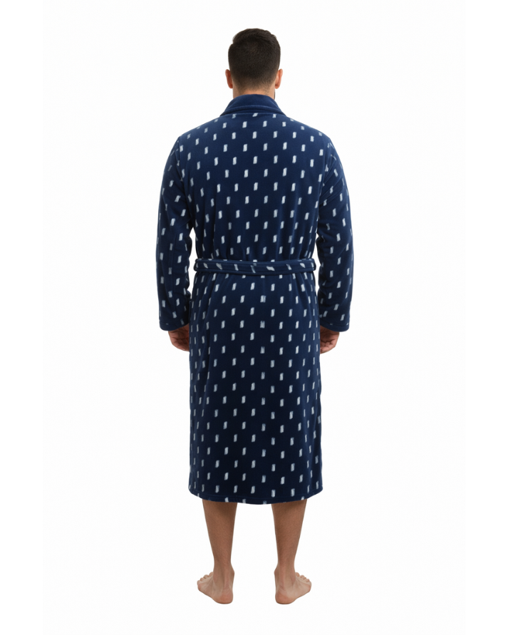 Navy Printed Fleece Bathrobe with Shawl Collar – Warm & Comfortable Lounge Robe