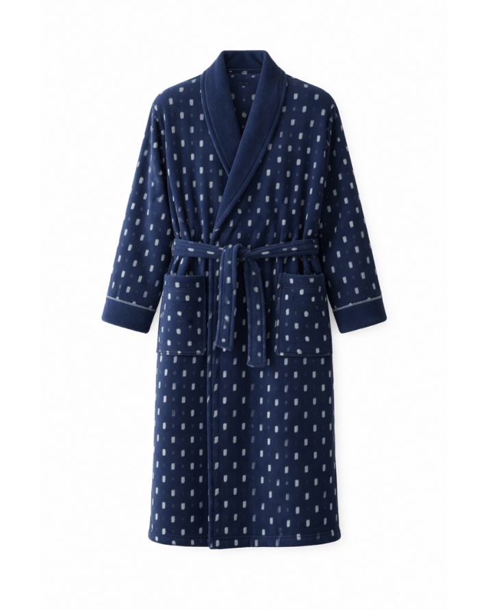 Navy Printed Fleece Bathrobe with Shawl Collar – Warm & Comfortable Lounge Robe