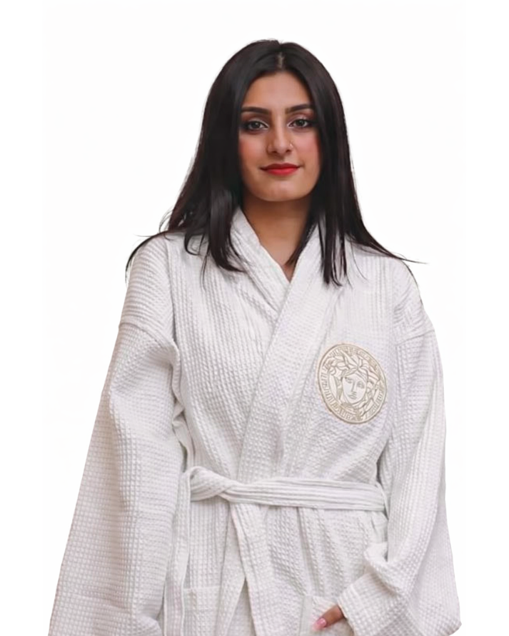 Luxury White Versace Waffle Bathrobe – Unisex Designer Robe