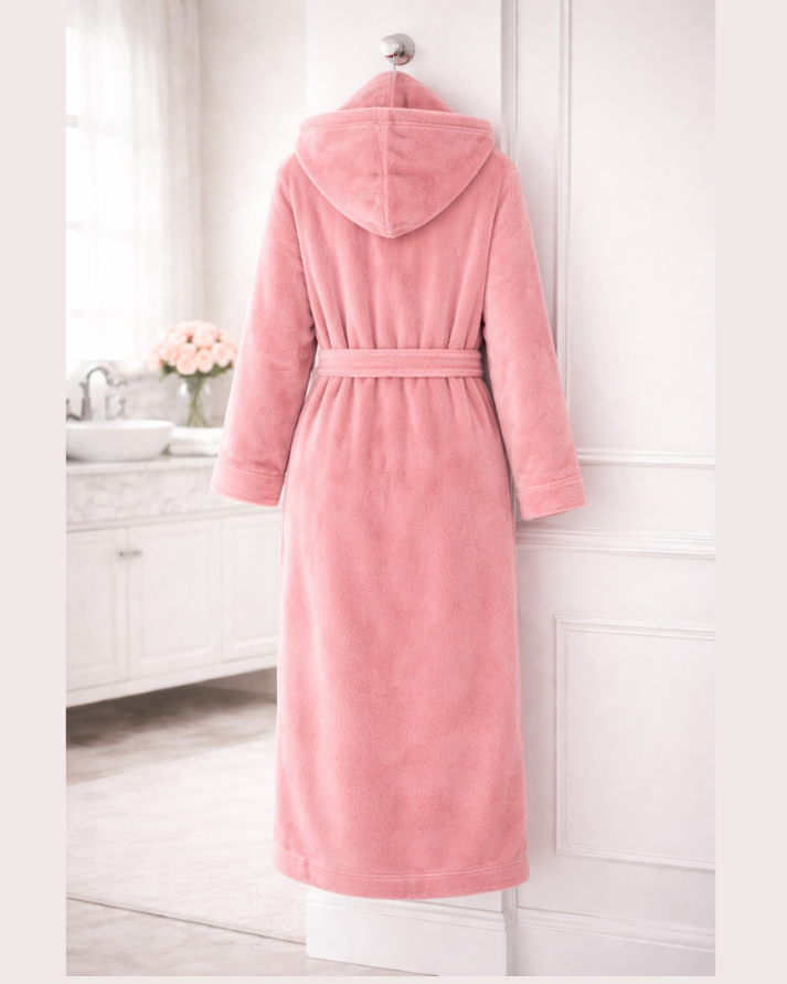 PEACH Unisex Soft Plush Fleece Hooded Bathrobe With Slippers