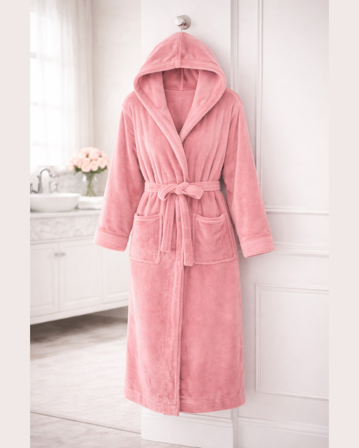 PEACH Unisex Soft Plush Fleece Hooded Bathrobe With Slippers