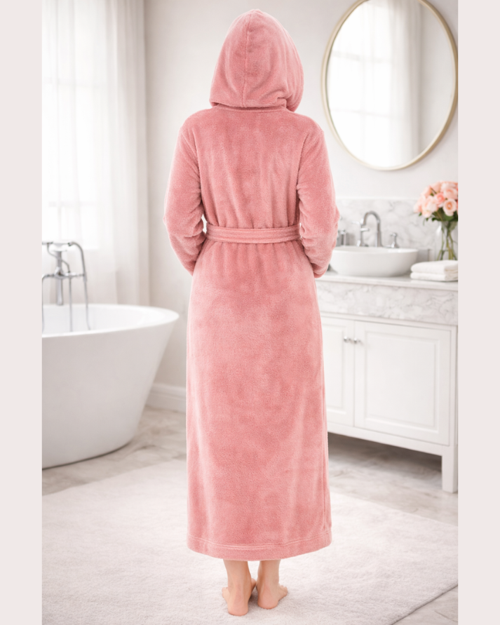 PEACH Unisex Soft Plush Fleece Hooded Bathrobe With Slippers