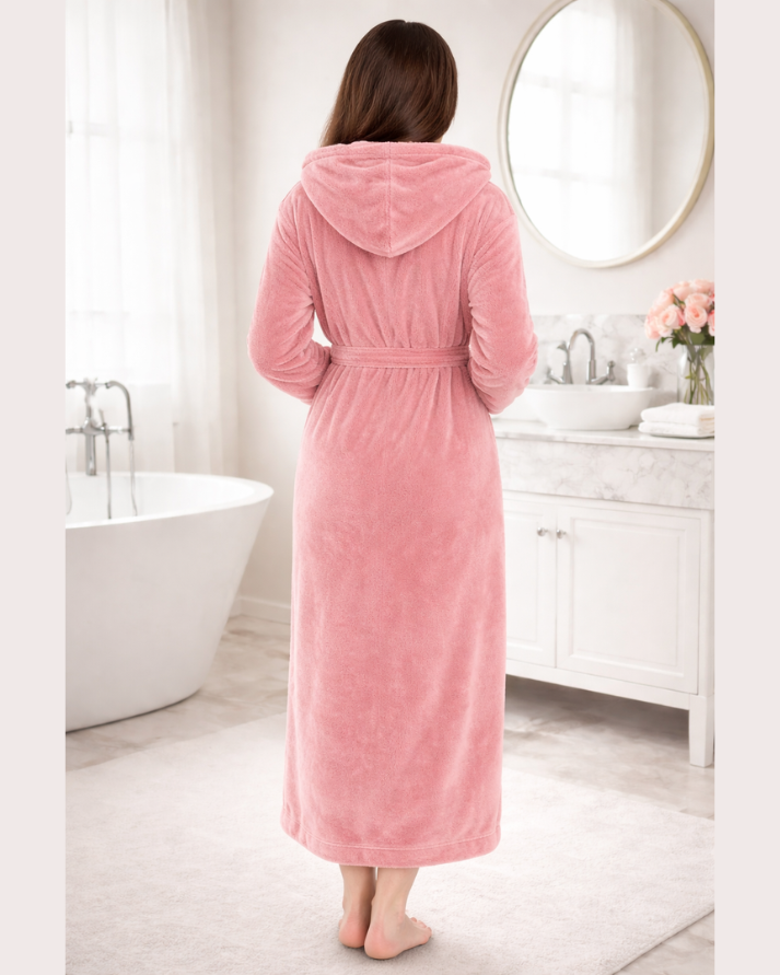 PEACH Unisex Soft Plush Fleece Hooded Bathrobe With Slippers
