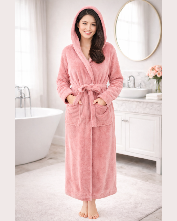 PEACH Unisex Soft Plush Fleece Hooded Bathrobe With Slippers