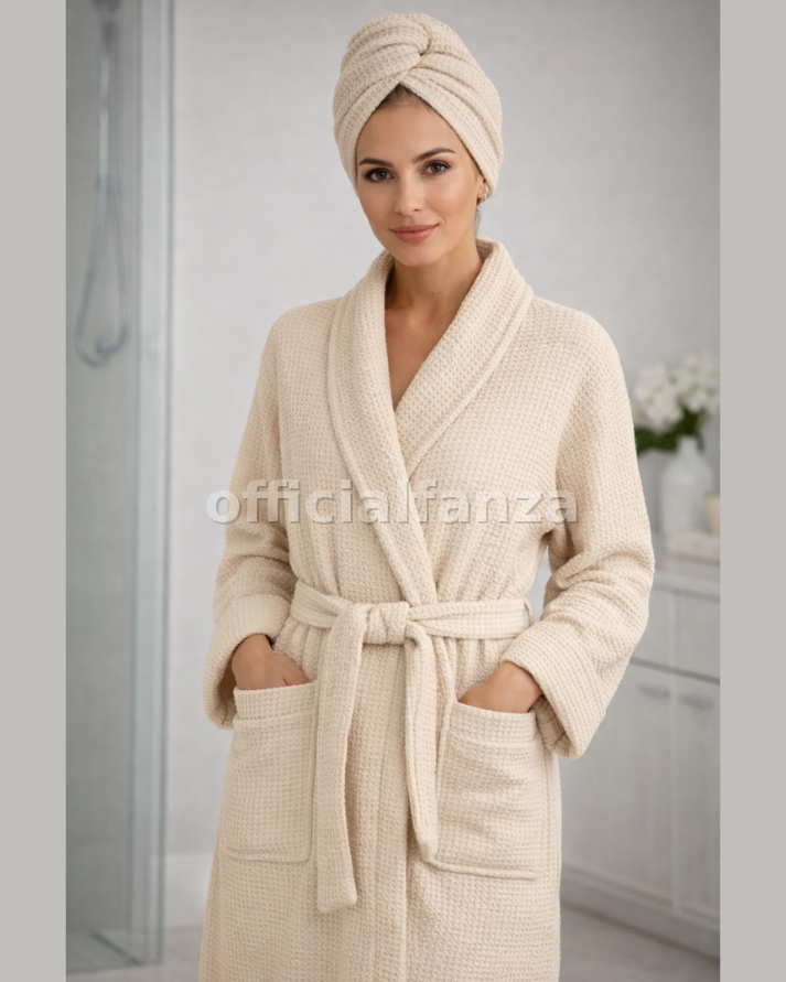 Women’s Beige Waffle Cotton Bathrobe with Matching Hair Turban – Lightweight Spa & Shower Robe (Copy)