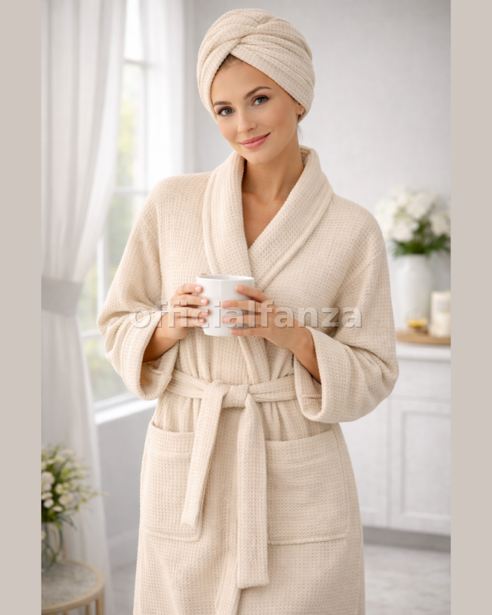 Women’s Beige Waffle Cotton Bathrobe with Matching Hair Turban – Lightweight Spa & Shower Robe (Copy)