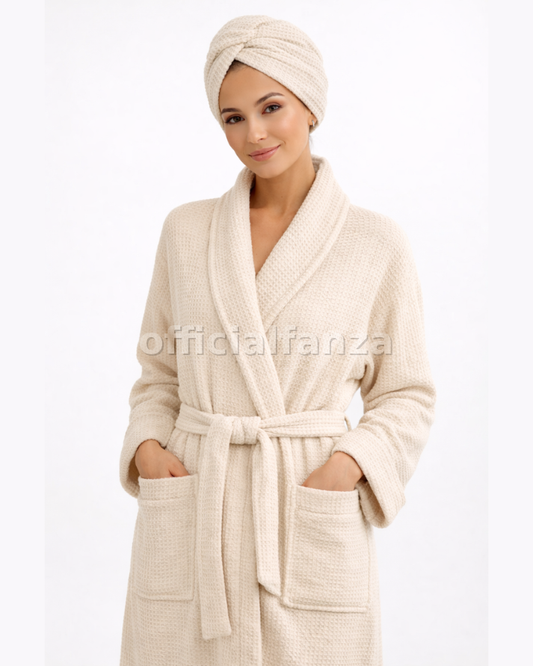Women’s Beige Waffle Cotton Bathrobe with Matching Hair Turban – Lightweight Spa & Shower Robe (Copy)
