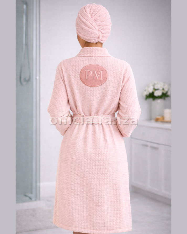 Women’s Baby Pink Waffle Cotton Bathrobe with Matching Hair Turban – Lightweight Spa & Shower Robe