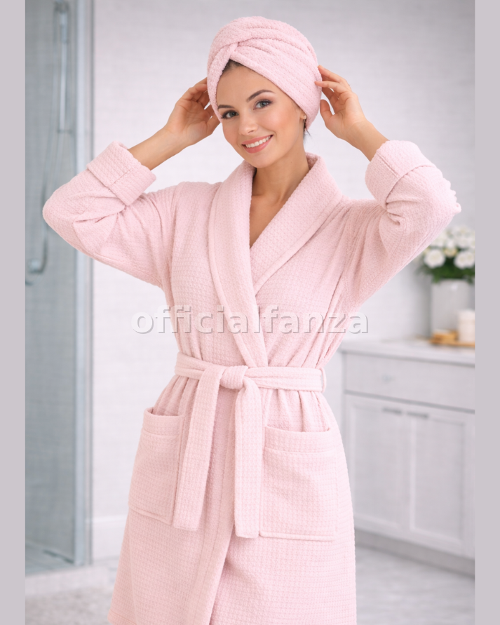 Women’s Baby Pink Waffle Cotton Bathrobe with Matching Hair Turban – Lightweight Spa & Shower Robe