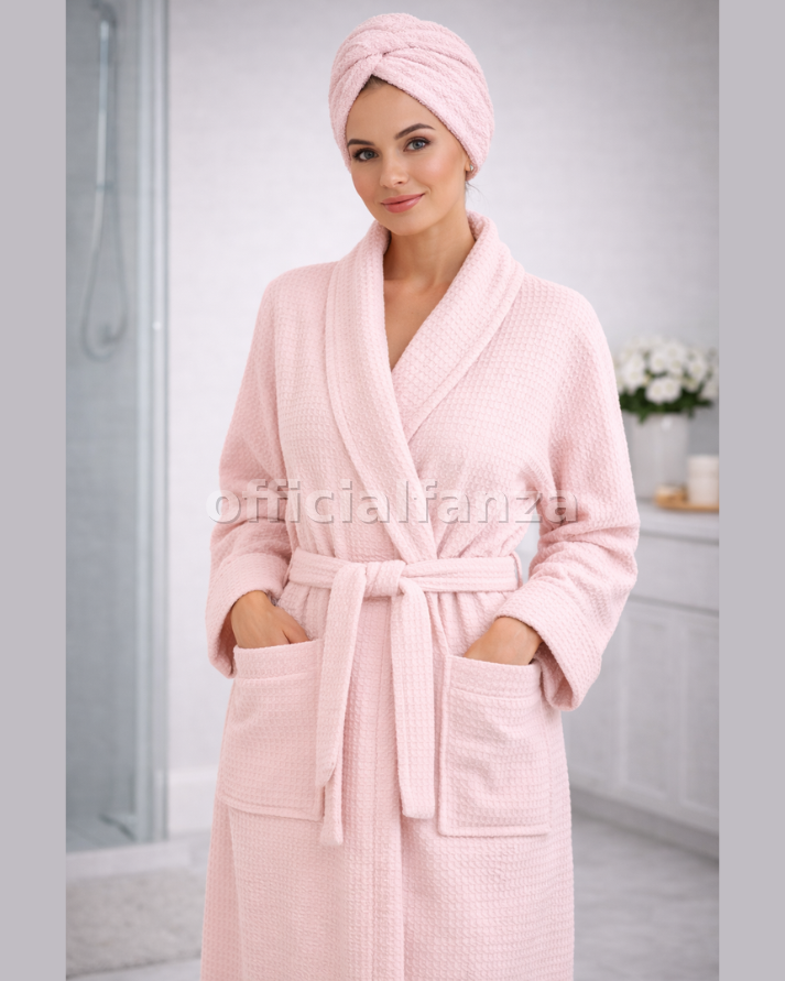 Women’s Baby Pink Waffle Cotton Bathrobe with Matching Hair Turban – Lightweight Spa & Shower Robe