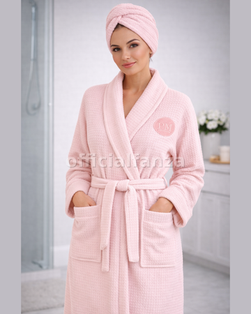 Women’s Baby Pink Waffle Cotton Bathrobe with Matching Hair Turban – Lightweight Spa & Shower Robe