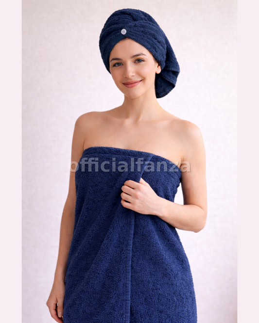 Navy Blue Women shower wrap with Hair Turban