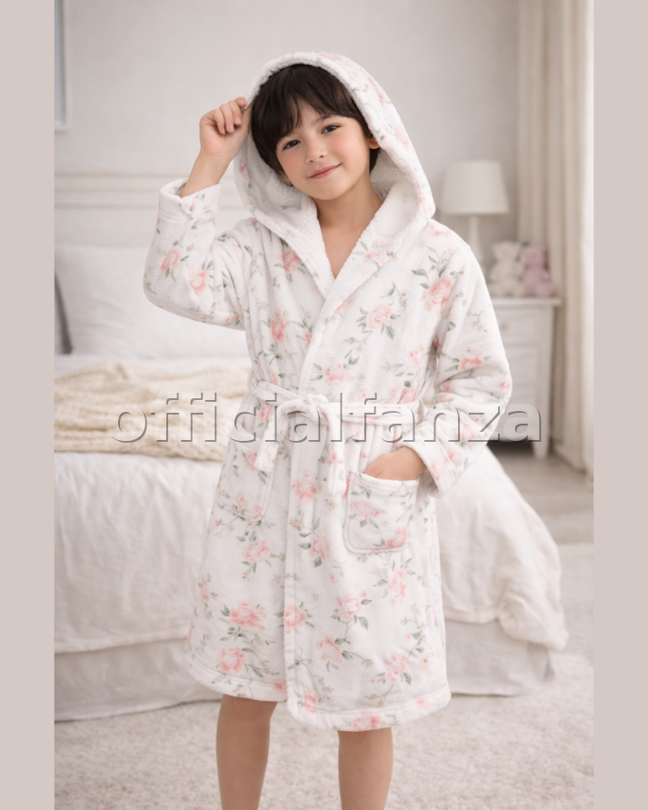 White Floral Printed Bathrobe for Kids – Soft & Cozy Wear | 6 to 14 year
