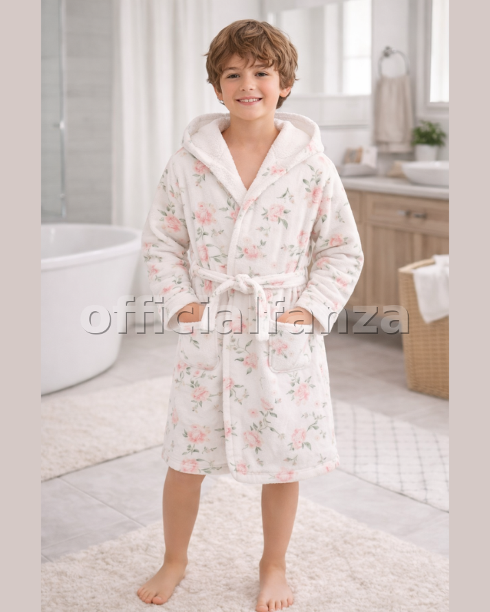 White Floral Printed Bathrobe for Kids – Soft & Cozy Wear | 6 to 14 year