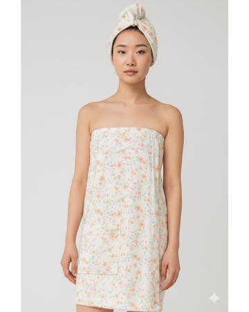 White Floral Women shower wrap with Hair Turban