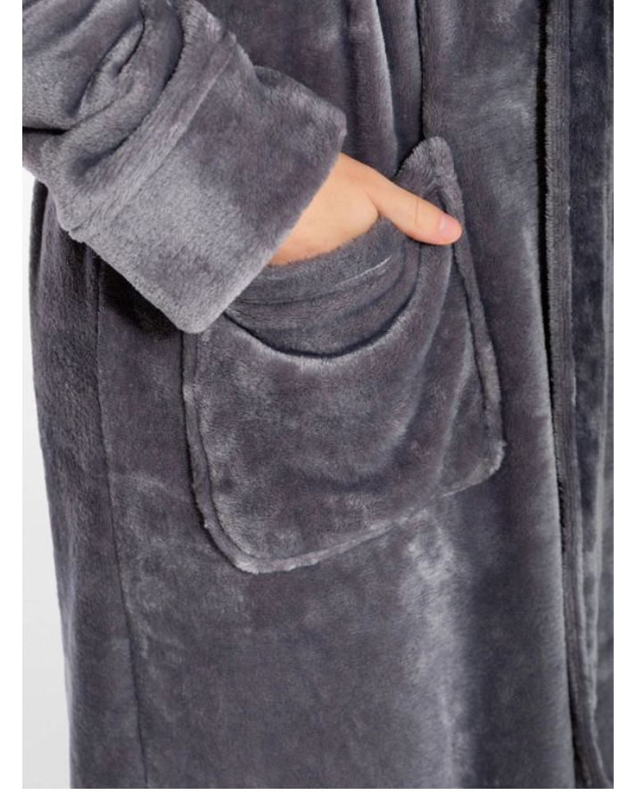 Grey Plush Fleece Bathrobe Long Shawl Collar
