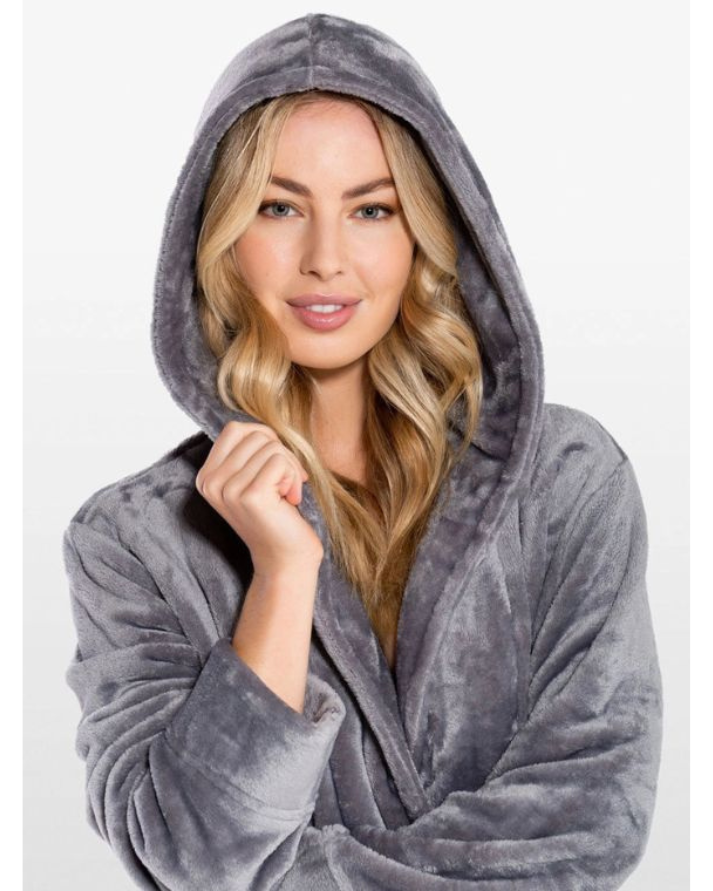 Grey Plush Fleece Bathrobe Long Shawl Collar