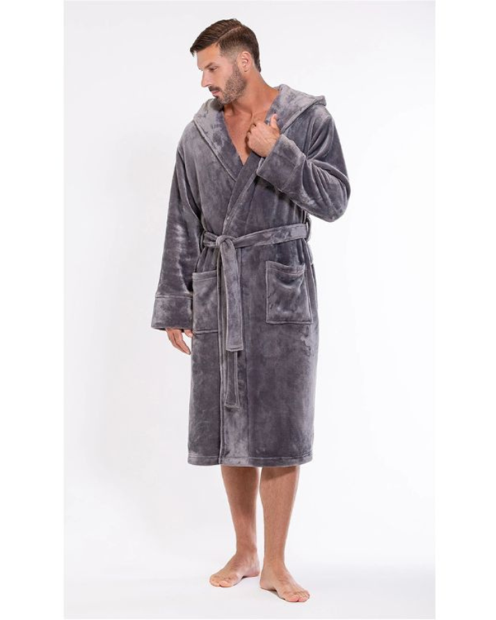 Grey Plush Fleece Bathrobe Long Shawl Collar