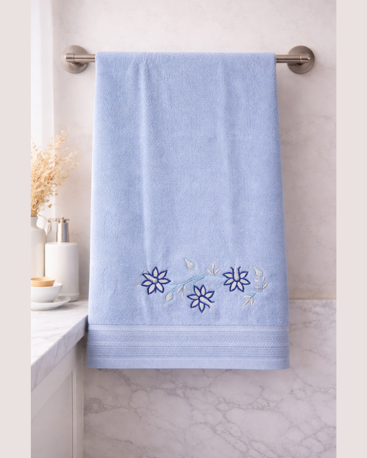 Sky Blue Embroidered Cotton Bath Towel