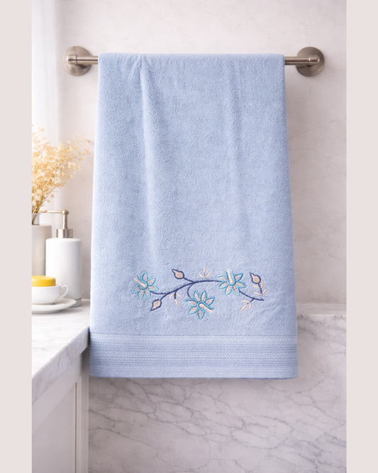 Sky Blue Embroidered Cotton Bath Towel