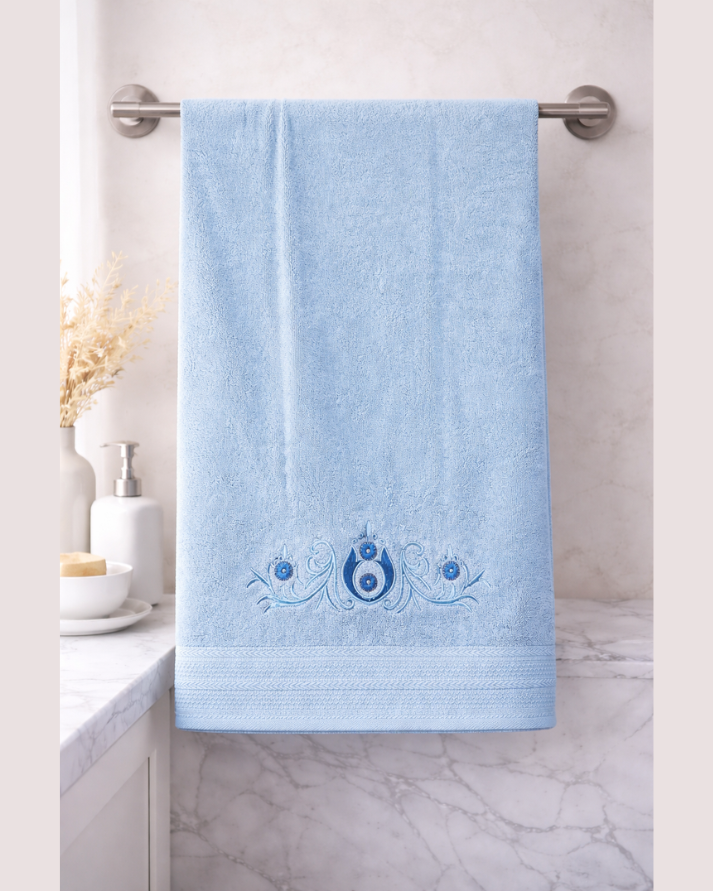 Sky Blue Embroidered Cotton Bath Towel