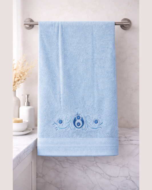 Sky Blue Embroidered Cotton Bath Towel