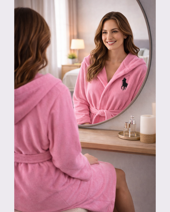 Pink Premium Cotton Bathrobe with Polo Embroidery