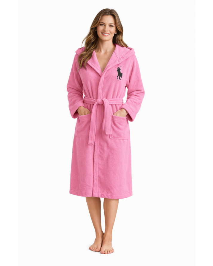Pink Premium Cotton Bathrobe with Polo Embroidery