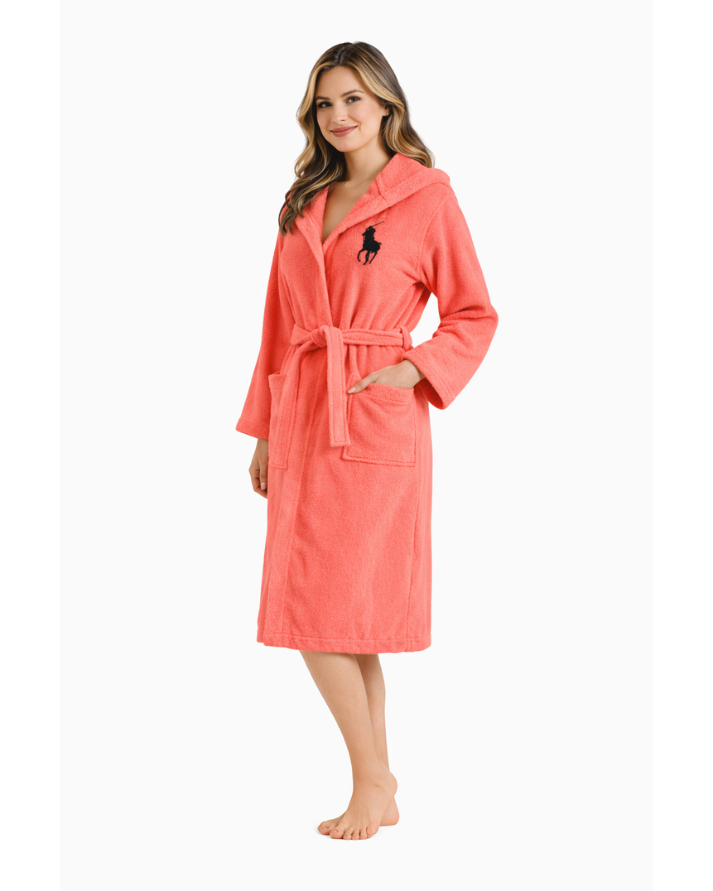 Salmon-Coral Premium Cotton Bathrobe with Polo Embroidery