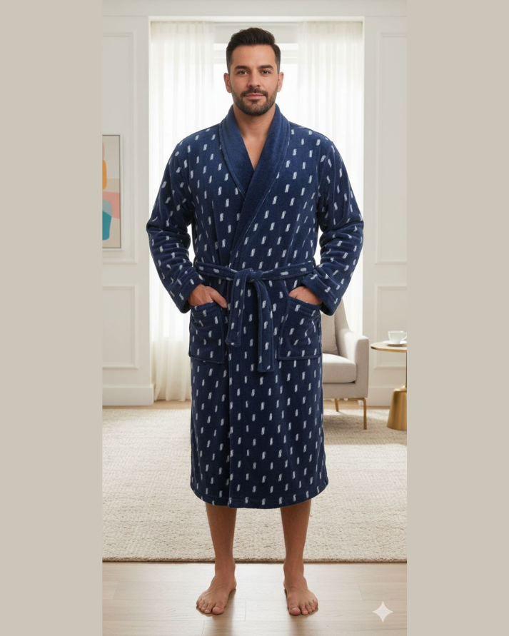 Navy Printed Fleece Bathrobe with Shawl Collar – Warm & Comfortable Lounge Robe