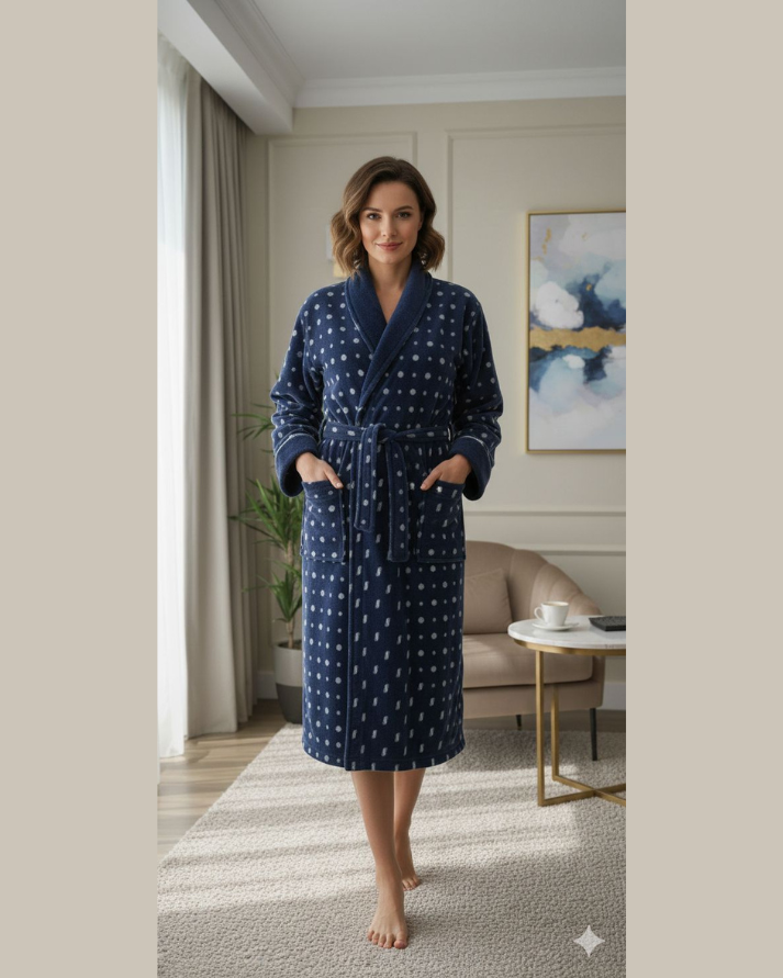 Navy Printed Fleece Bathrobe with Shawl Collar – Warm & Comfortable Lounge Robe