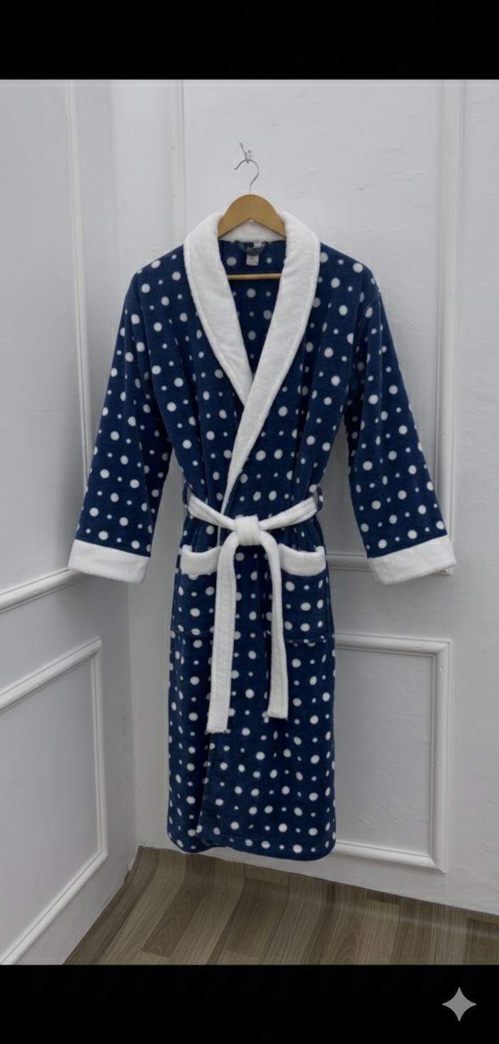 Blue Printed Fleece Bathrobe with Hoodie – Soft & Cozy Lounge Robe