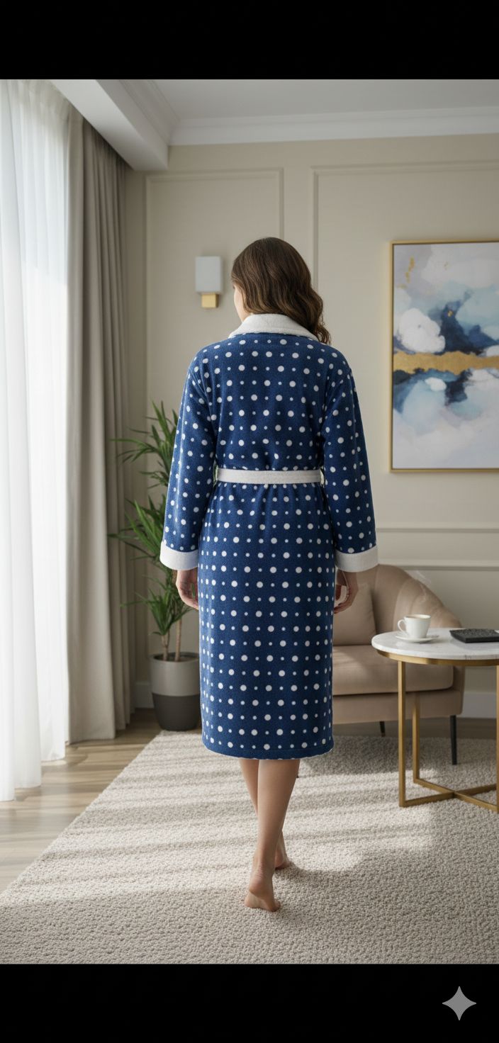 Blue Printed Fleece Bathrobe with Hoodie – Soft & Cozy Lounge Robe