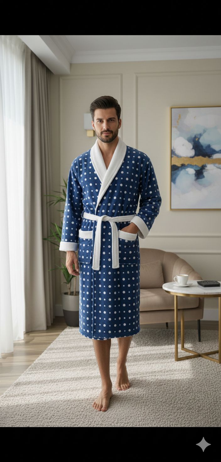 Blue Printed Fleece Bathrobe with Hoodie – Soft & Cozy Lounge Robe