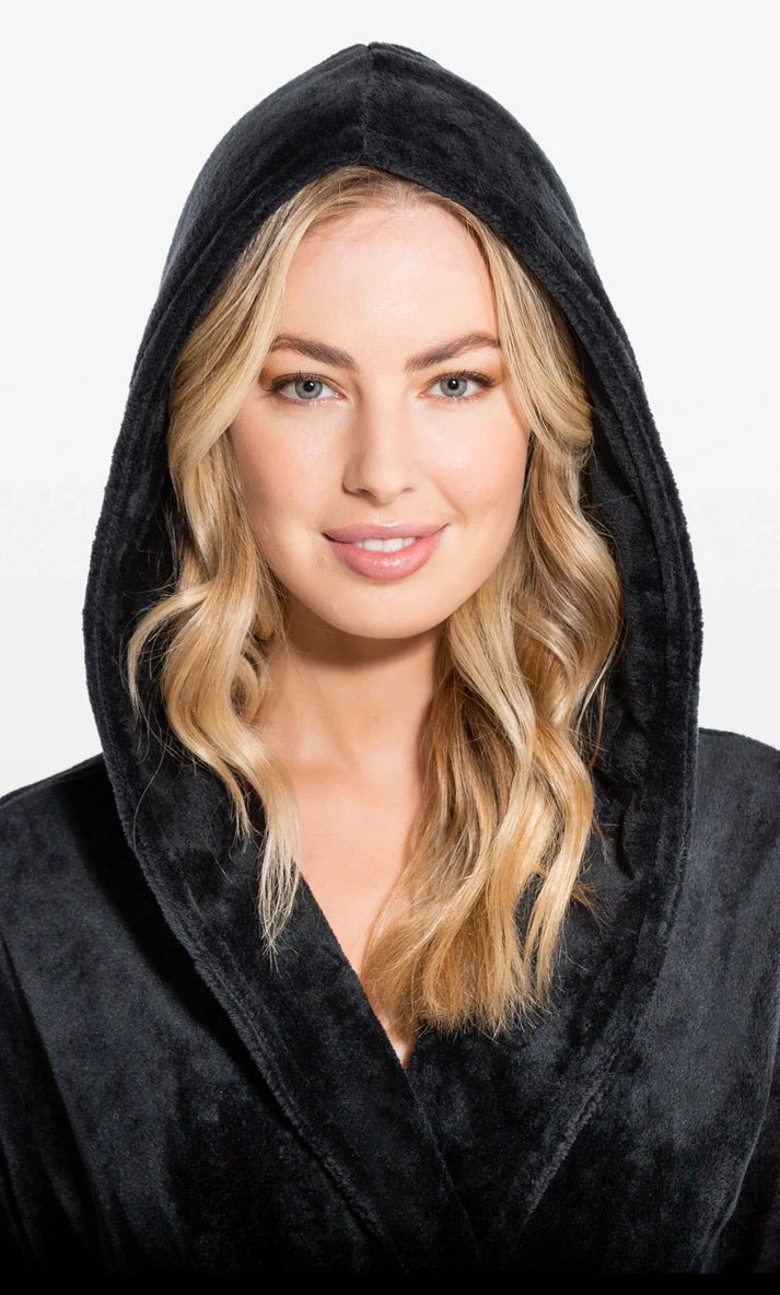 BLACK Unisex Soft Plush Fleece Hooded Bathrobe