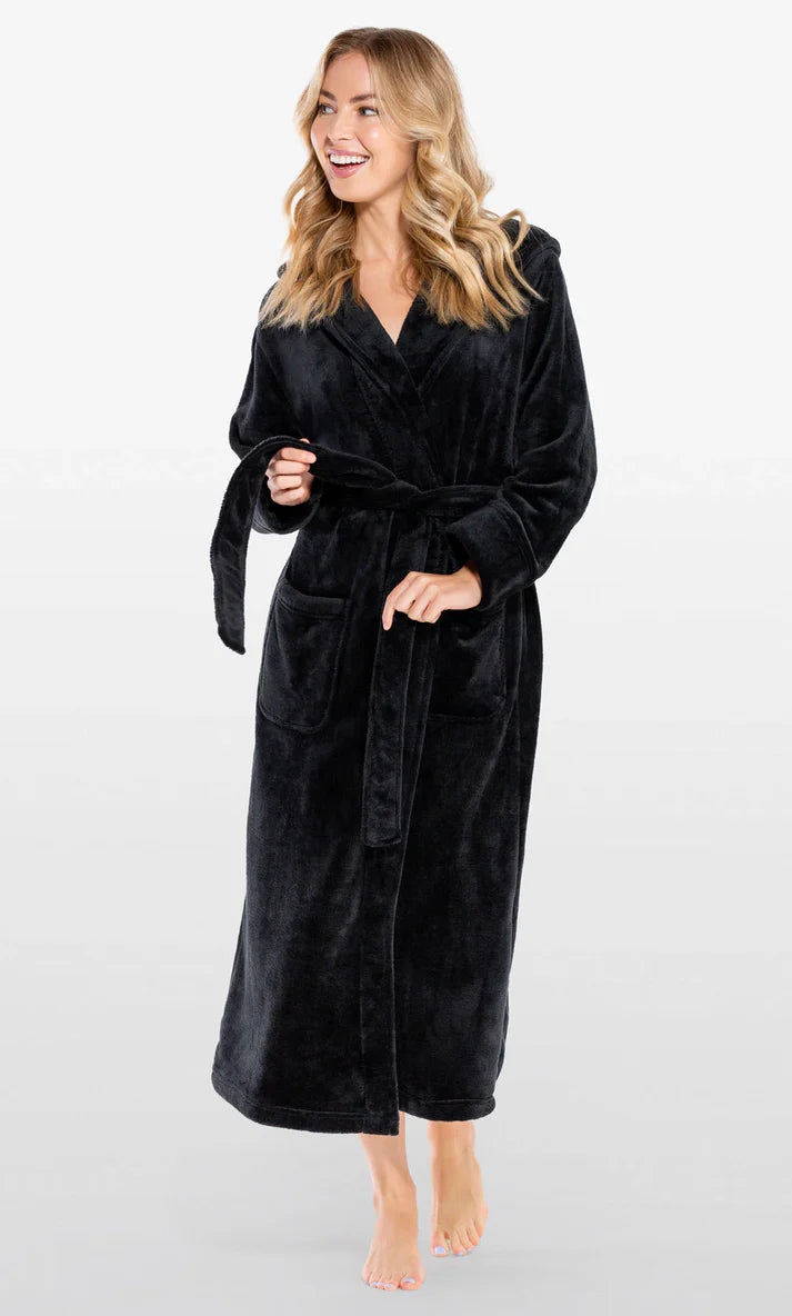 BLACK Unisex Soft Plush Fleece Hooded Bathrobe
