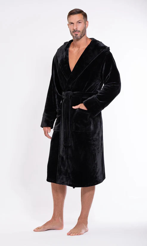 BLACK Unisex Soft Plush Fleece Hooded Bathrobe