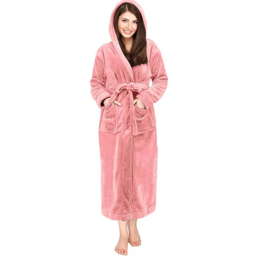 PEACH Unisex Soft Plush Fleece Hooded Bathrobe With Slippers