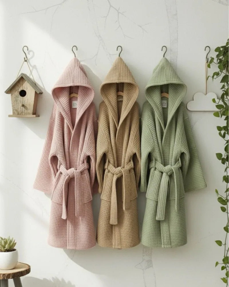 Premium Kids Bathrobe | Waffle Texture Beige, 100% Cotton (Ages 4-6 Years)