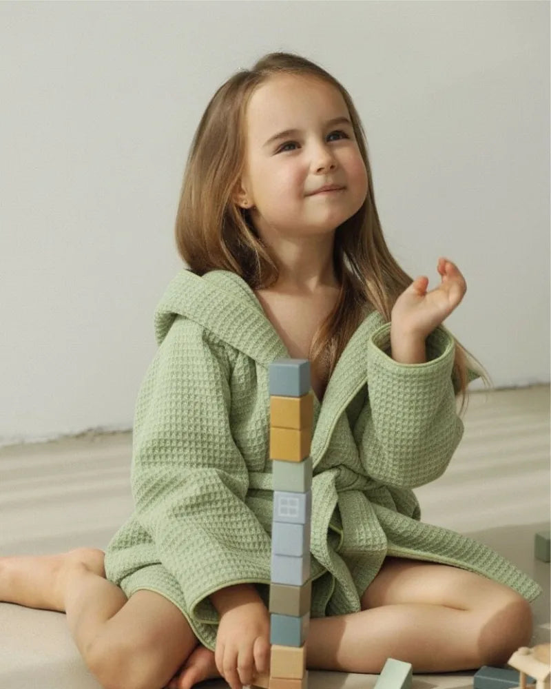 Premium Kids Bathrobe | Waffle Texture Green, 100% Cotton (Ages 4-6 Years)