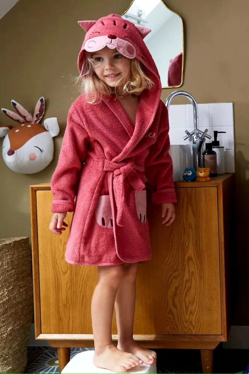 Cat Hooded Kids Bathrobe – Dark Pink (Ages 6 to 8)